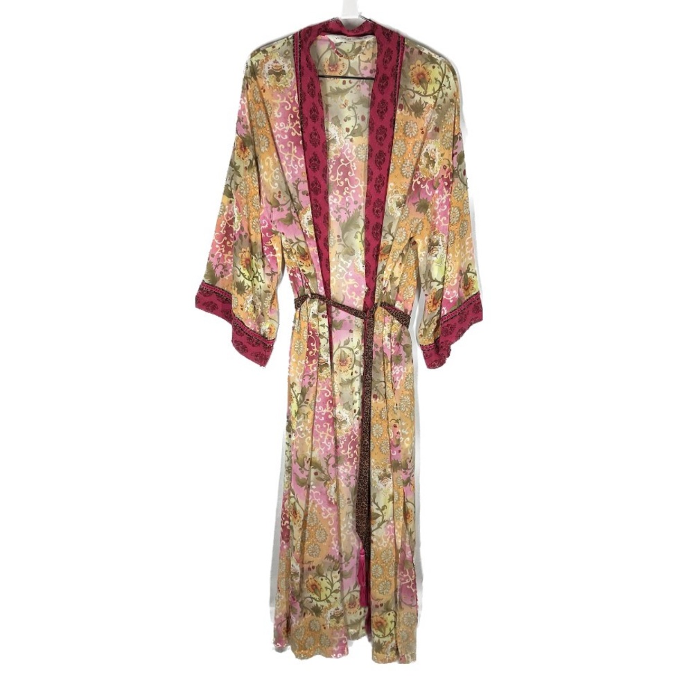 Vintage Victorias Secret Maxi Robe Sheer Floral Polyester Pink Velvet Leopard S